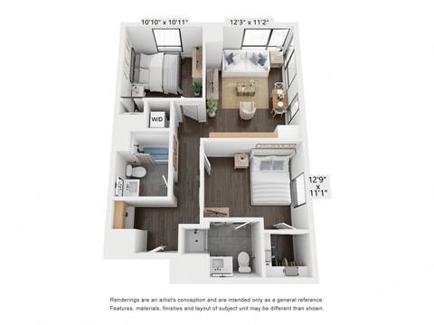 Floor plan for 2 beds, 2 baths, 748 sqft